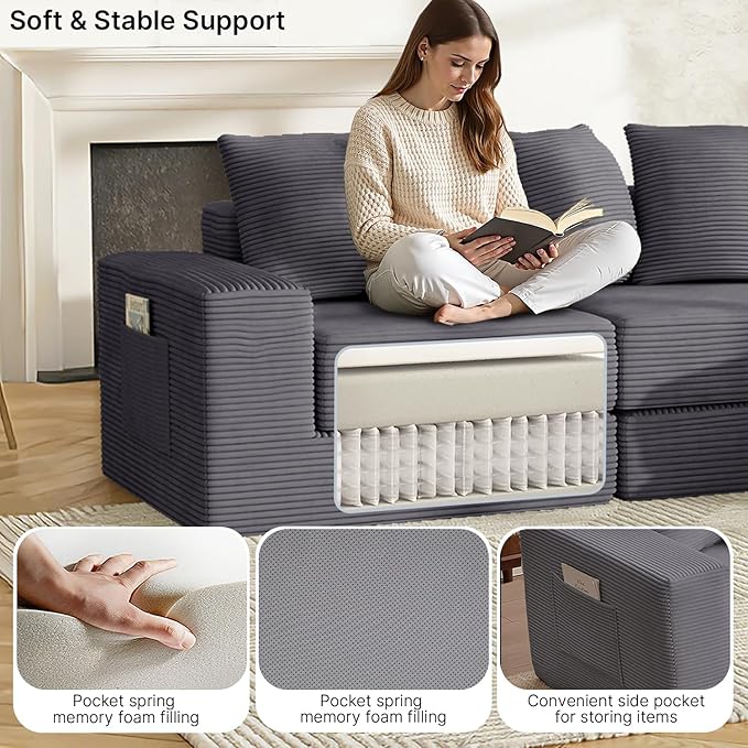 102 Sectional Couches for Living RoomCustomizable Boneless Couch Convertible Modular Sectional Sofa Bed Plush Corduory Sleeper Sofa Folding Futon L Shaped Couch No Assembly(Grey)