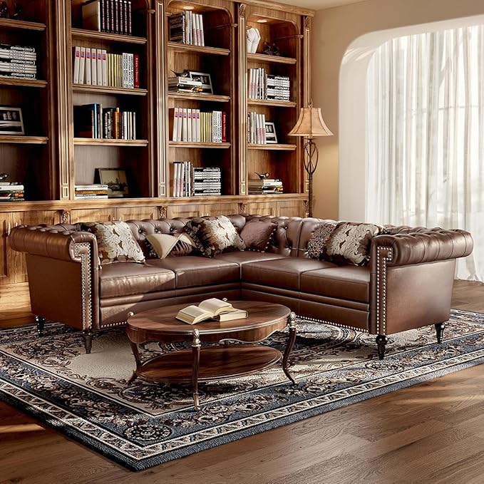 85 Chesterfield Sectional Sofa L Shaped Convertible Faux Leather Couch with Tufted Nailhead &amp Rolled Arms 5-Seater Leather sectional couches for Living Room Apartment Office Dark Brown