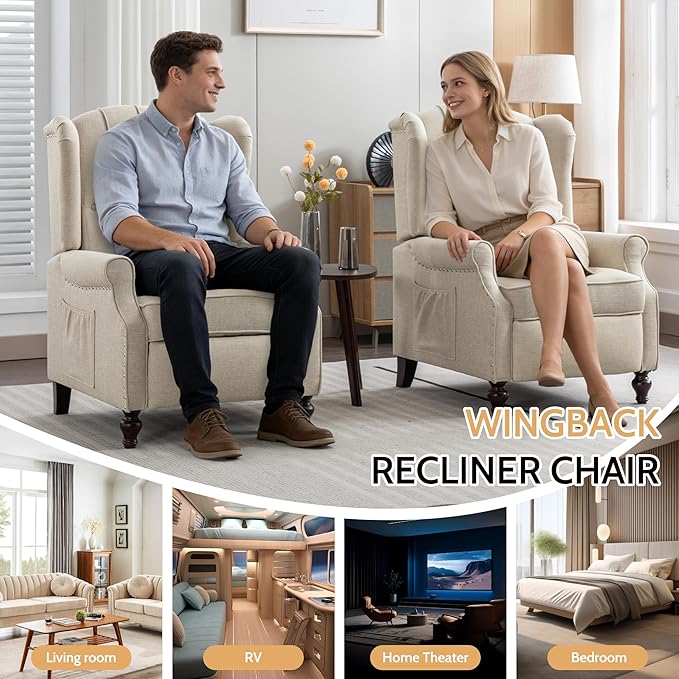 BINGTOO Push Back Recliner Chair with Massage and Heat Mid Century Tufted Fabric Wingback Chair with Rivet Decoration for Living Room Bedroom Beige 2 Chairs