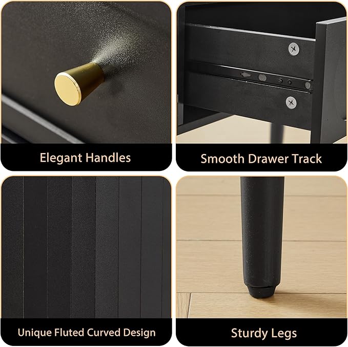 Practical 59 Wood Writing Desk Home Office Laptop Desk with 2 Flip Hide Storage + 2 Drawer MCM Elegant Fluted Multifunctional Study Desk for Apartment Bedroom (Black)
