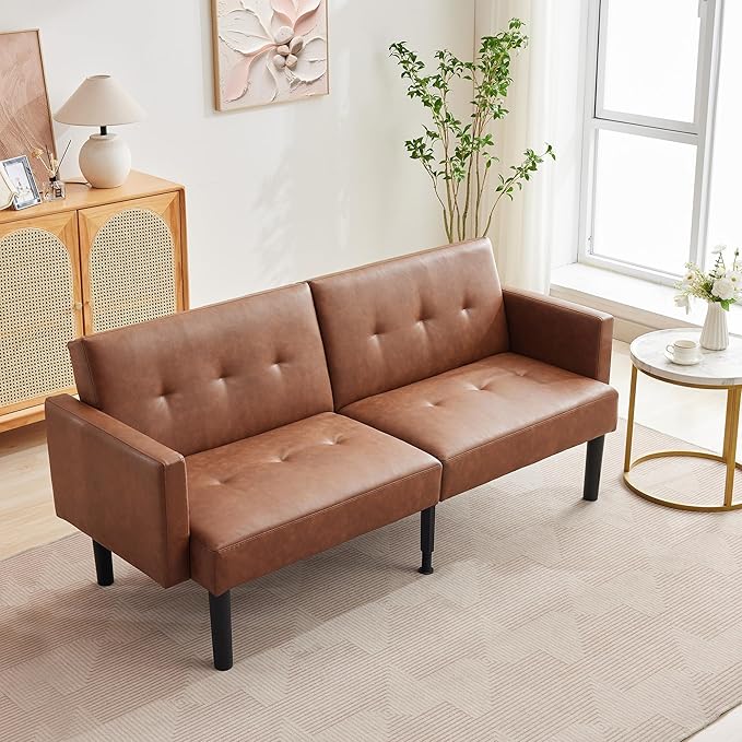 Garvee 75.5 Convertible Futon Sofa Bed PU Leather Upholstered Futon Couch with Strong Legs Mid Century Modern Sleeper Sofa Comfy Loveseat for Living Room Bedroom Dorm Brown