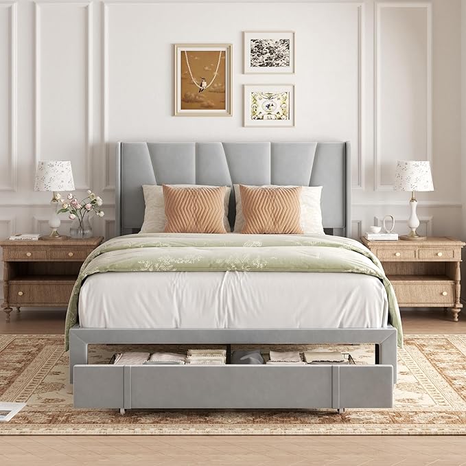 Full Bed Frame with Storage Drawers Upholstered Full Size Platform Bed with 47 Tall Headboard and Wingboard No Box Spring Needed Noise Free Easy Assembly Wooden Support Slats Light Grey