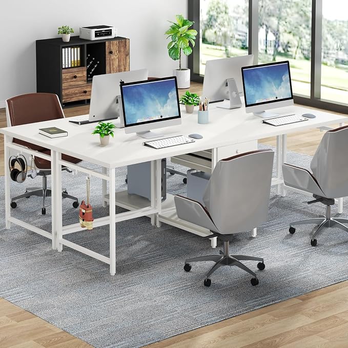 79 Inch White Two Person Desk with Drawers Extra Long Desk with Storage Shelves Double Home Office Desk with Hooks 2 Person Writing Study Table Workstation for Home Office