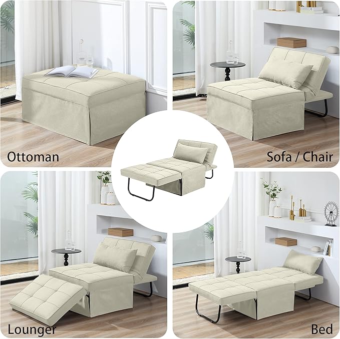 BIGSYY Sofa Bed Set of 4 in 1 Multi-Function Folding Ottoman Breathable Linen Couch Bed with Adjustable Backrest Modern Convertible Chair for Living Room Apartment Office White