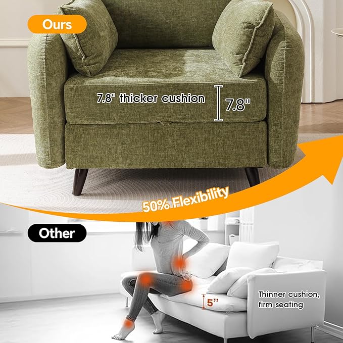 Oversized Accent Chair with All Seats StorageComfy Living Room Chairs with 2 Throw PillowUpholstered Mid-Century Armchair24.5'' Deep SeatReading Chair for BedroomOfficeChenilleGreen