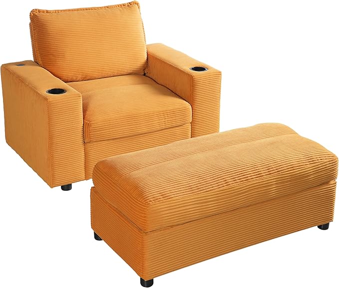 42.8 Oversized Chaise Lounge Chair with Storage Ottoman Corduroy Sofa Bed with Cup Holders &amp USB Charging Port Upholstered Sleeper Chair for Living Room BedroomYellow