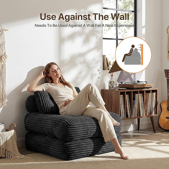 Boneless Chair Folding Sofa Bed with Pillow Sleeper Sofa with Back Support Sleeper Chair Portable Fold Out Chair Bed Comfy Foldable Mattress for Living Room Black Single