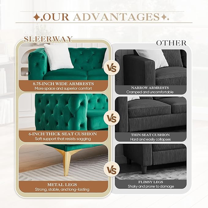 2 Piece Velvet Chesterfield Sofa Set Mid-Century Modern Love Seat Button Tufted Couch with Curved Arms Gold Metal Legs Deep Seat Comfortable Living Room Set Furniture (Green Couch and Loveseat)