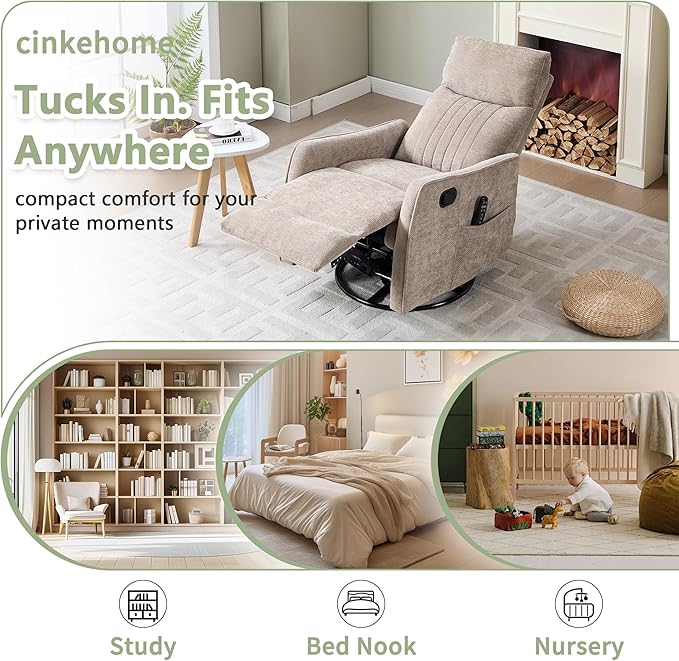 cinkehome Swivel Rocker Recliner Glider Rocker Recliner Chair for Nursery Manual Reclining Chair with Heated Massage Small Spaces Living Room Khaki Chenille