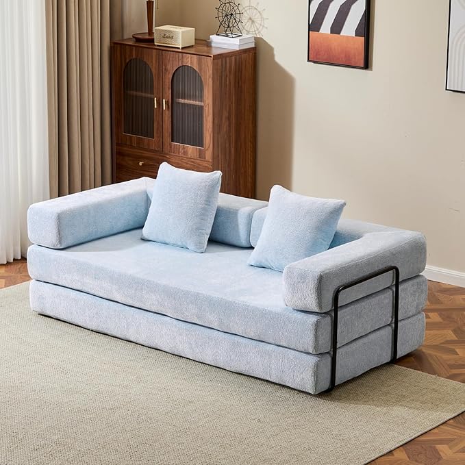 Convertible Sleeper Sofa Bed Compression Folding Sofa with Pillow No Assembly Required Shape Frame Floor Sofas Lounge Couch for Living Room Bedroom Small Spaces(Chenille 77''W Light Blue)