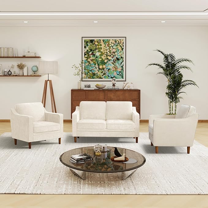 Kingfun Living Room Furniture Sets 2 Armchair and Loveseat Mid Century Modern Sofa Set Chenille Couch with Solid Wood Frame for Living Room &amp Bedroom Beige