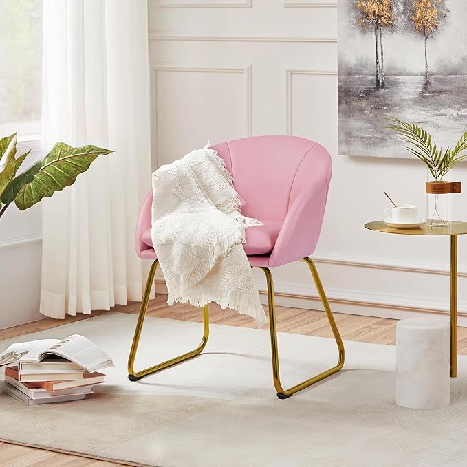 Yaheetech Modern PU Leather Armchair Flower Shaped Makeup Chair Vanity Chair with Golden Metal Legs for Living Room/Makeup Room/Bedroom/Home Office/Kitchen Simple Pink