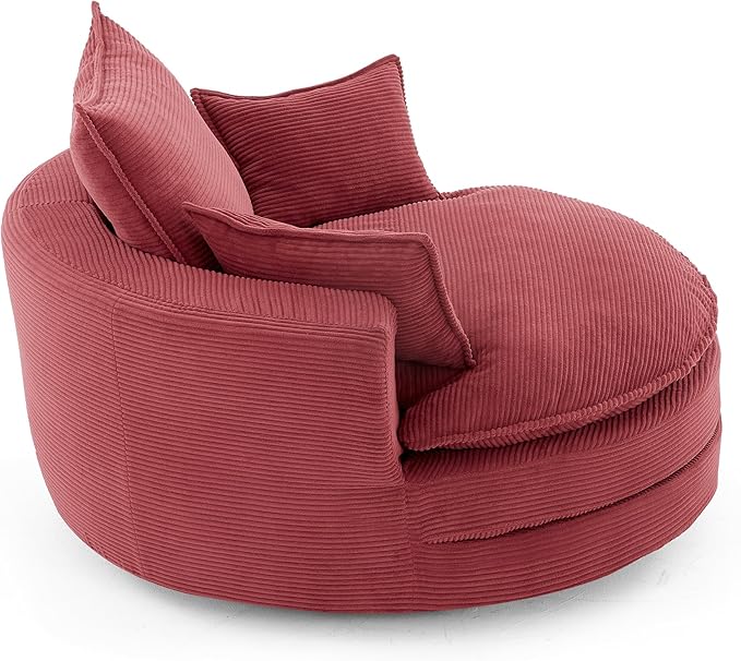 360° Swivel Sofa Chair with Dual-Layer Cushion Design 57.5 Swivel Round Accent Barrel Chair with 3 Removable Pillows for Living Room Office and Hotel (Red//261)