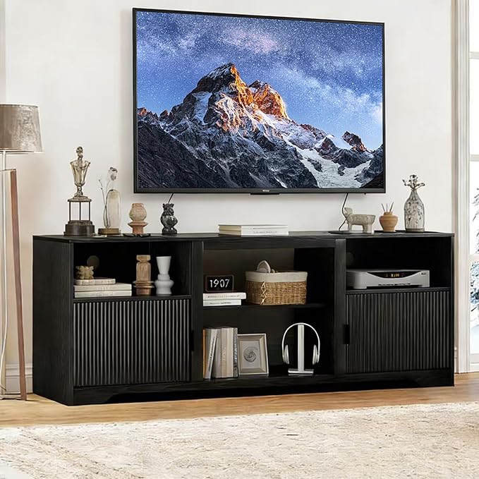 Fluted TV Stand for Tvs up to 80Mid Century Modern TV Stand with Open Adjustable ShelfEntertainment Center Wood TV Media Console with Cord Holes for Living Room Furniture BedroomBlack
