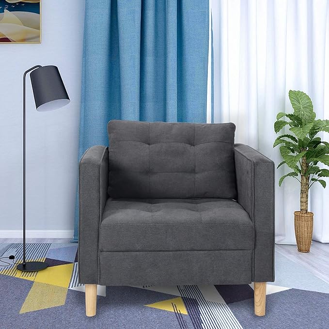 STHOUYN Mid Century Modern Fabric Accent Chair with Arms Armchair Comfy Reading Chair for Living Room Office Studio Chair Single Sofa Recliner Couch Bedroom Grey