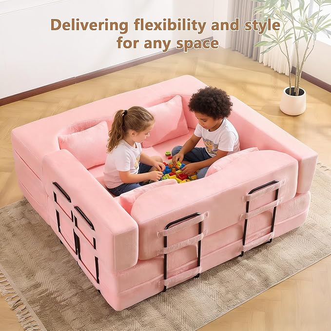 2-in-1 4 Seat Folding Sofa Bed with Pillow No Assembly Futon Twin Size Sofa Bed Breathable Velvet Convertible Couch Bed for Living Room and Guest Room 71.65 Inch Pink