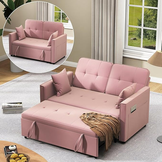 Loveseat Sleeper Sofa Bed Couch: Queen Sleeper Chair Pull Out Bed for Living Room Pink Velvet Couch Beds for Small Spaces 3 in 1 Convertible Sofa with Armrests