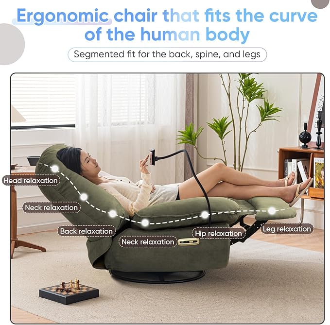 Smart Oversized Electric Recliner Chair 360° Round Swivel Rocking Glider Rocker for Adults Modern Comfy Ergonomic Chaise Lounge Indoor Theater Seating Living Room Reading Emerald Green Fabric