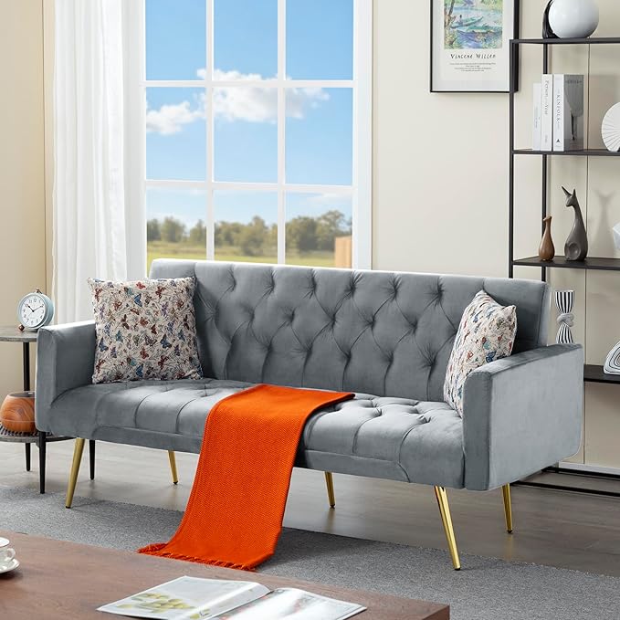 68.5” Futon Sofa Bed Convertible Futon Couch with Adjustable BackrestFolding Sofa Bed with 2 Pillows &amp Metal Legs Sleeper Loveseat with Armrest for Home Office (Dark Gray)