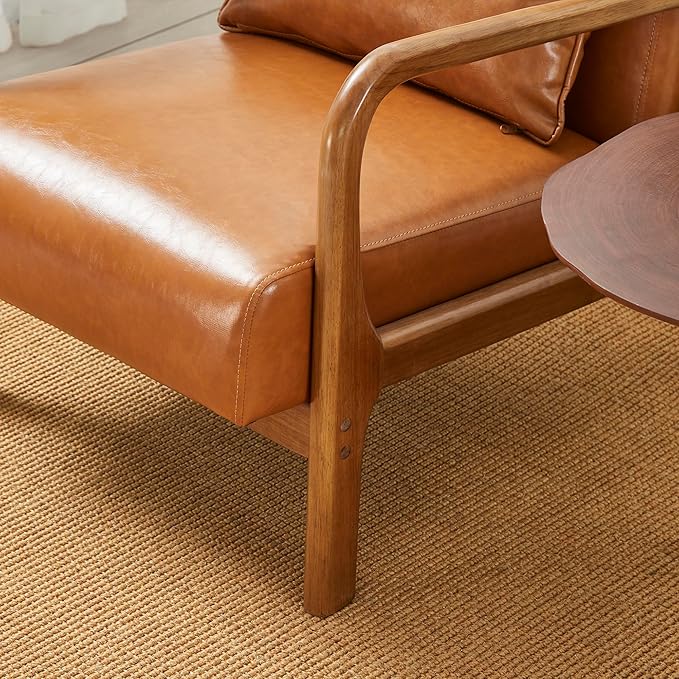 Glitzhome 2 Set Mid Century Yellowish Brown Accent Armchair Single Reading Armchair PU Leather Lounge Chair with Walnut Ruberwood Frame