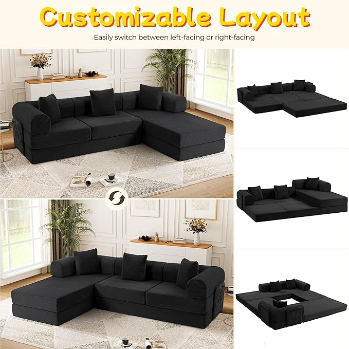 106.3 L Shape Convertible Sleeper Sofa Bed Oversized Modular Sectional Cloud Sofa with Fixed-Shape Frame &amp Storage Pocket Boneless Couch for Living Room No Assembly Required Black