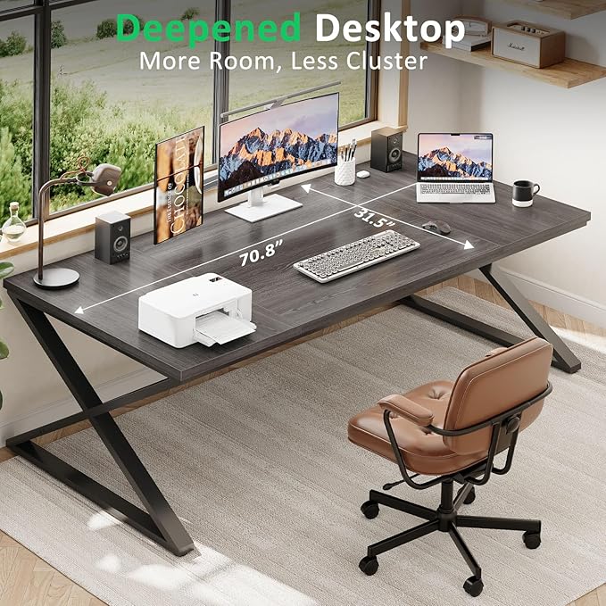 IBF 70 Inch Large Desk Long Computer Desk for Writing Study Industrial Home Office Work Executive Desk for Bedroom Wood Metal Pc Gaming Workstation Computer Table for 2 Monitors Dark Gray Oak