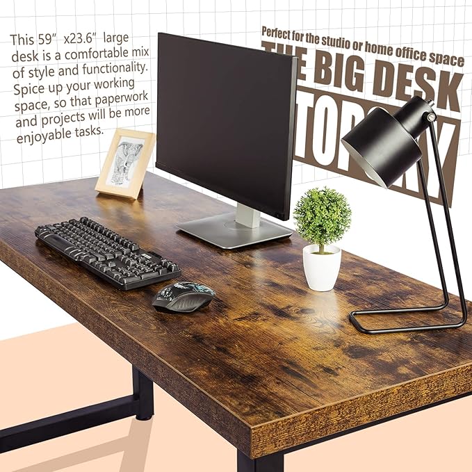 TOPSKY Computer Desk 59 inch Large Office Desk Gaming Desk Writing Desk Large Legroom Metal Frame 1.88 Thickness Desktop (Rustic Brown)