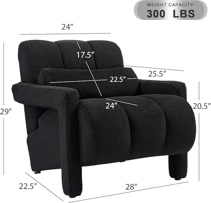 LOULENS Lambswool Accent Chair Modern Upholstered Sherpa Accent Chair Comfy Teddy Single Armchair with Pillow for Living Room Bedroom (Black)