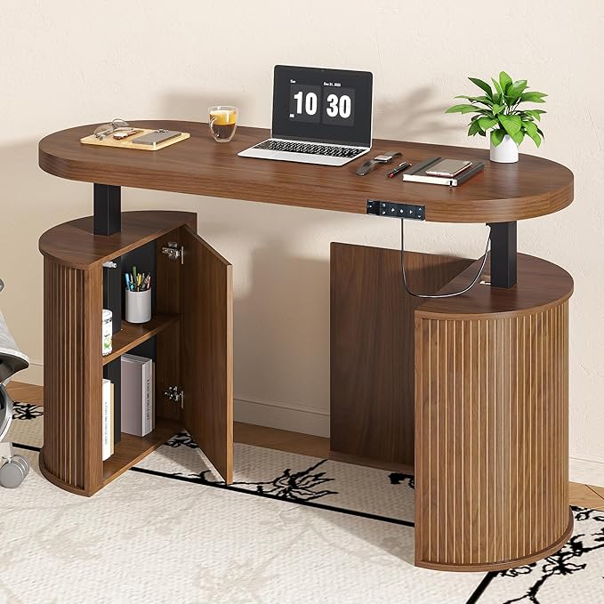 Mid Century Modern Electric Standing Desk with Storage 55 x 22 Inch Small Sit Stand Up Desk Wood Adjustable Height Computer Executive Desk for Home Office Laptop Walnut