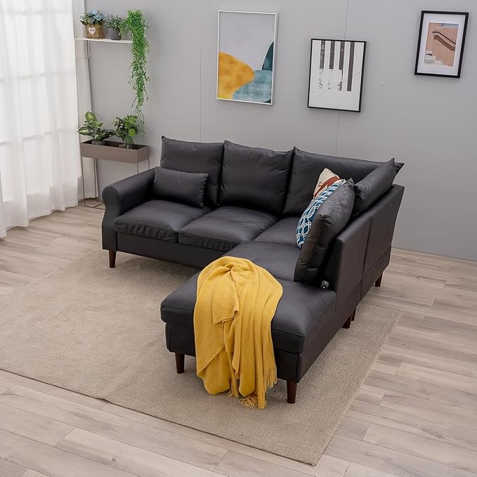 Panana Upholstered Sofa Couch Linen Fabric/Artificial Leather L Shaped Corner Sectional Modern Living Room Sofa (Black Faux Leather 5 seat Right Corner with Built-in USB Port)