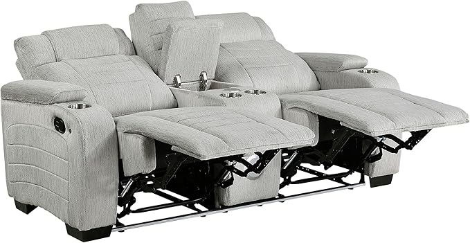Lexicon Wall Hugger Manual Double Reclining Loveseat with Console Microfiber Home Theater Seating with Cup Holders/Hidden Arm Storage/Wireless Speakers/LED Base Lighting for Living Room Light Gray