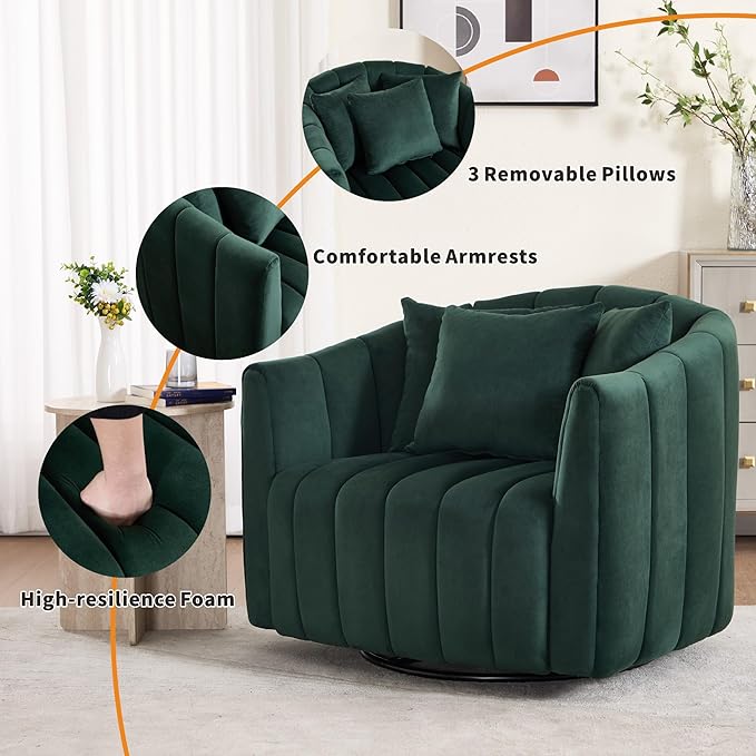 Mlmh &amp Kngwa 40.35 W Swivel Accent Chairs Oversized 360 Degree Swivel Barrel Chair with 3 Pillows Velvet Armchair for Living Room Bedroom Green