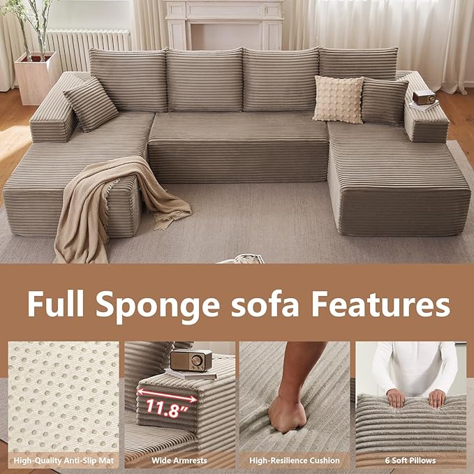 134.2 Modular Sectional Sofa Modern Corduroy Cloud Couch with Deep Seat Boneless Couch Upholstered 4-Seater U-Shaped Sofa for Living Room No Assembly Required (Camel)