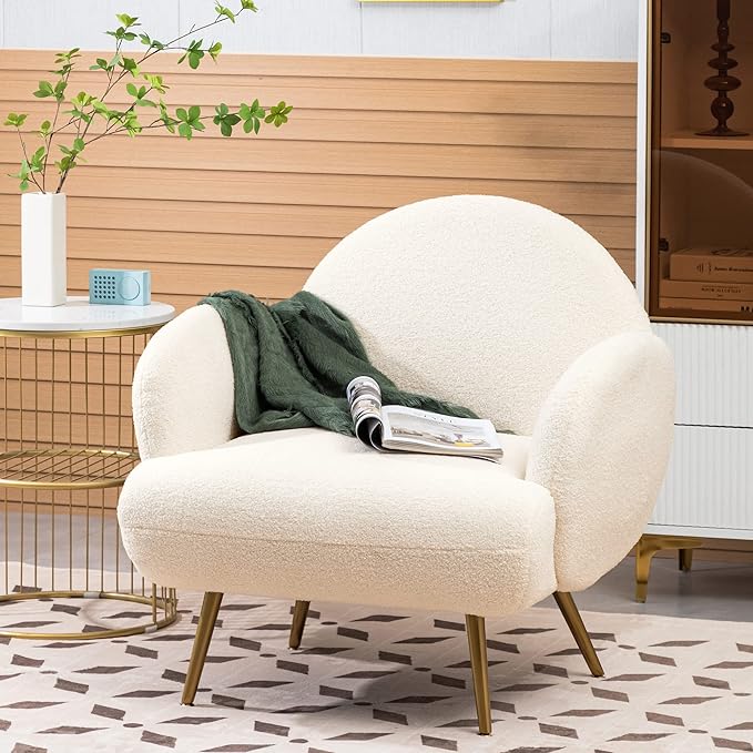 Accent Chair White with Golden Metal LegsReading Chair for Bedroom Comfy Boucle Sherpa Chair for Living Room Bedroom