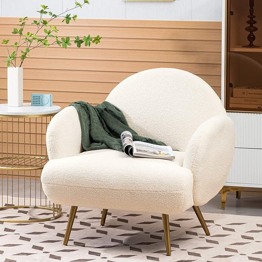 Accent Chair White with Golden Metal LegsReading Chair for Bedroom Comfy Boucle Sherpa Chair for Living Room Bedroom