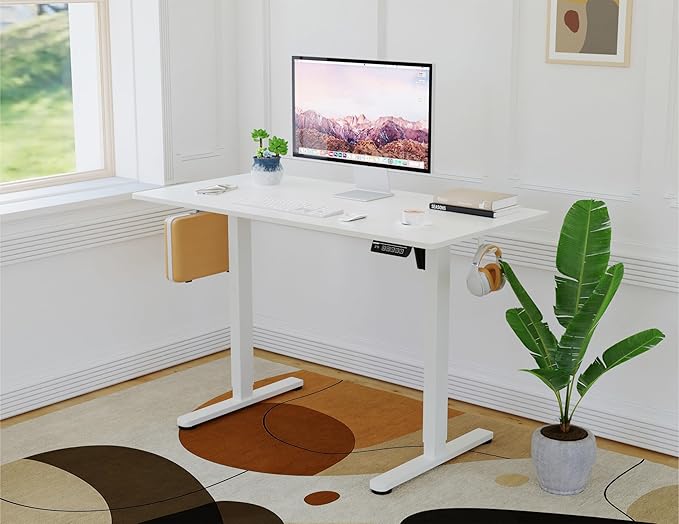 NSY Audio Electric Standing Desk 48x24 Inches - Height Adjustable Whisper Quiet Motor White Top &amp Black Frame for Home Office Gaming Focused Work White
