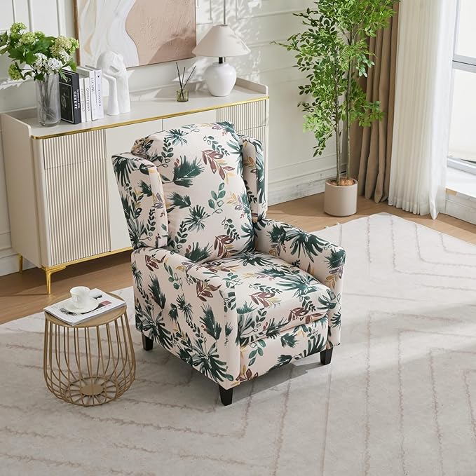 Push Back Recliner Chair with High Back Blue Floral Print Fabric Upholstery Classic Wing Back Design 250 LBS Capacity (Green)