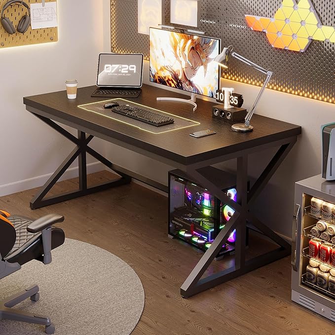 IBF 55 Inch Black Home Office Desks Modern Computer Desk for Writing Study Wood Metal Simple Gaming Work Table for Bedroom Industrial Wooden Pc Workstation Executive Desk Black Oak