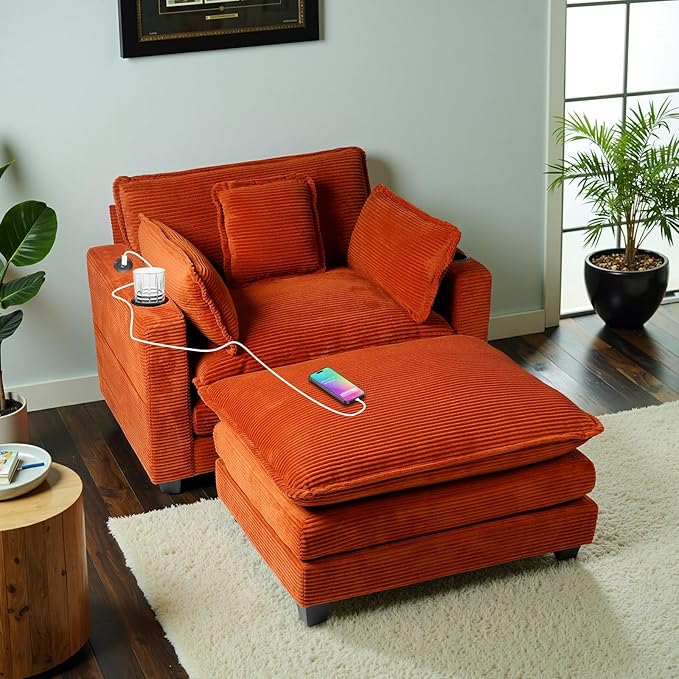 Oversized Chair with OttomanOversize Chaise LoungeReading Boneless Sofa BedChaise Lounge Chair Indoor with Side PocketSleeper Couch with USB&ampCup HolderCorduroy Sofa Couch for Living Room (Ora