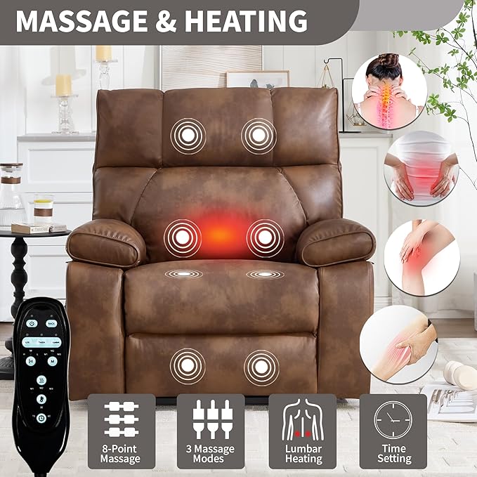 Oversized Power Lift Recliner Chair for Elderly Dual Motor Lift Chair with Vibration Massage &amp Lumbar Heating Standing Assistance Recliner with Cup Holders for Living Room - Faux Leather Brown