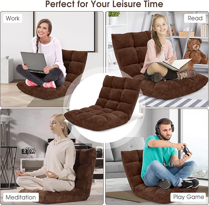 Moccha 14-Position Floor Chair Folding Sofa Chair with Back Support Memory Foam Floor Gaming Chairs for Adults Adjustable Padded Couch Recliner Sleeper Bed for Reading Meditating Brown