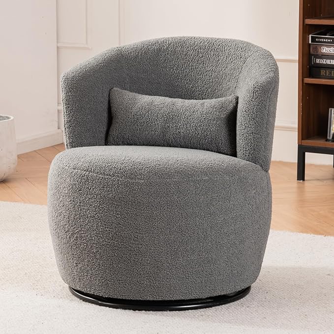 Leavader Contemporary Swivel Accent Chair - 360° Rotation White Plush Sofa Chair Modern Round Armchair with Metal Base for Nursery Living Room Lounge (Grey)