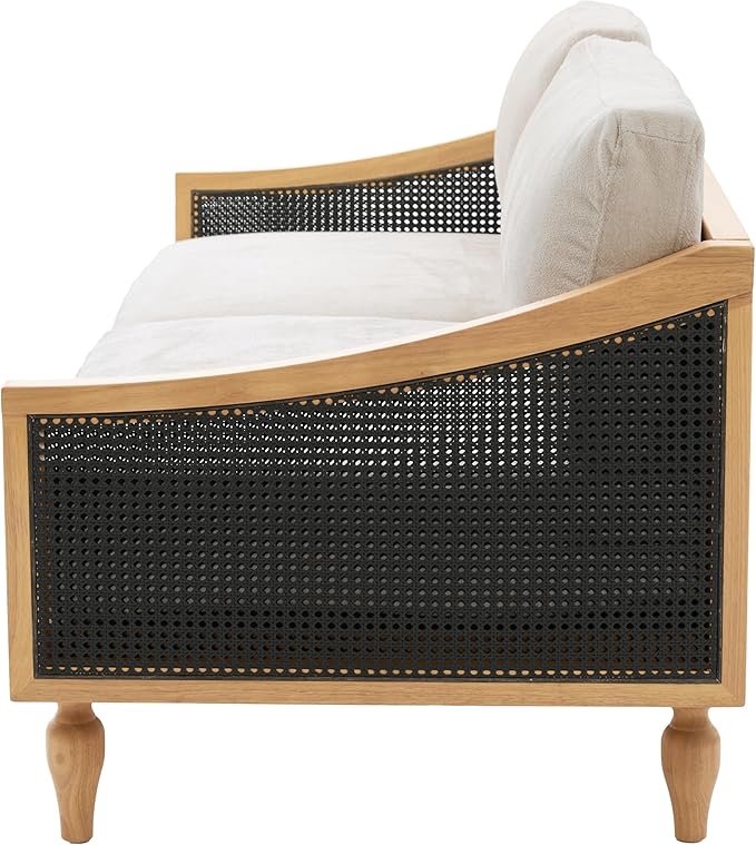 Christopher Knight Home Harper Mid-Century Loveseat Sofa Couch 2-Seater Lounge Sofa with Rattan Armrests and Wooden Legs Chenille Upholstered Couches for Living Room and Small Space Black
