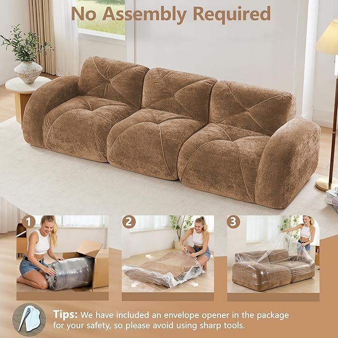 Boneless Couch Sectional Couches for Living Room 110.6'' Cloud Couch with Deep Seat Comfy Soft Velvet Modular Sectional Sofa Modern Oversized 3-Seater Boneless Sofa No Assembly Camel