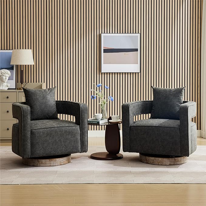 Chifee &amp Vingol 29.1 PU Leather Swivel Accent Chair Mid Century Retro Barrel Chair Set of 2 with Solid Wood BaseGrey