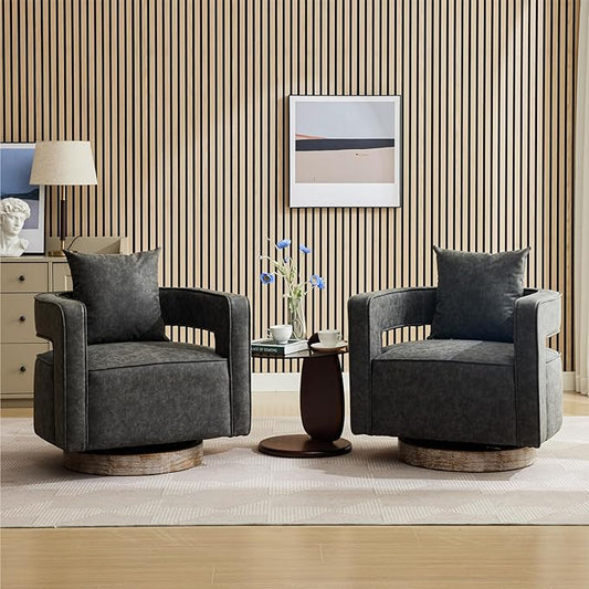 Chifee &amp Vingol 29.1 PU Leather Swivel Accent Chair Mid Century Retro Barrel Chair Set of 2 with Solid Wood BaseGrey