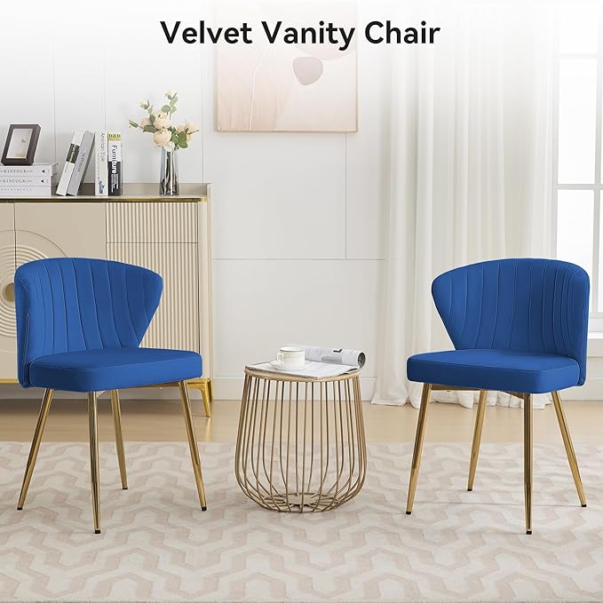 Velvet Vanity Chair Modern Makeup Chair with Back Golden Legs Small Cute Accent Chair for Vanity Living Room Bedroom Navy