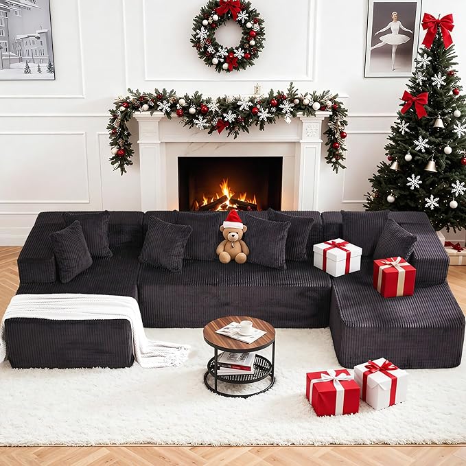 HOMREST 131 Boneless Memory Foam Sofa with Chaise Lounge Comfy Corduroy Deep Seat Modular Sectional Couch Large U-Shaped Floor Sofa for Living Room &amp Apartment No Assembly Required Black