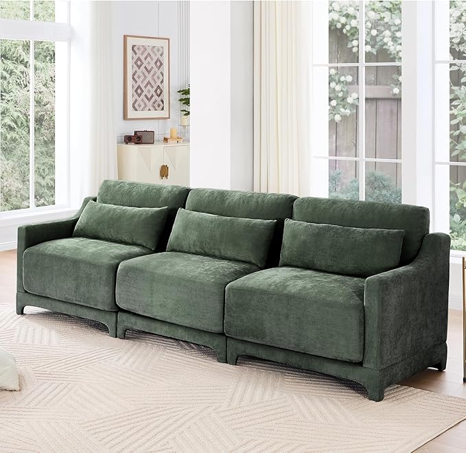 Modular Sectional Sofa Set Optional 2-4 Seater with Lumbar Pillows &amp 0-2 Ottomans Chenille Fabric Ergonomic Easy Assembly for Living Room/Bedroom/Reading Nook (3 SeatGreen)