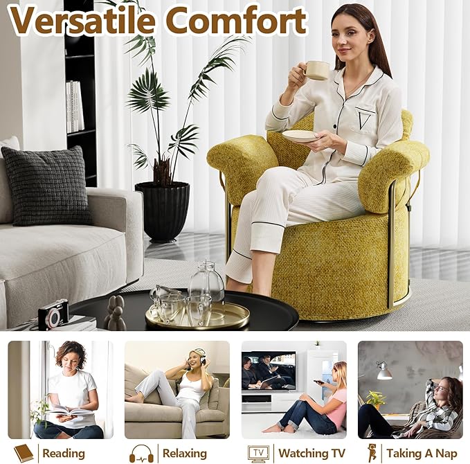 Swivel Accent Chairs for Living Room 360 Swivel Barrel Chair &amp Round Accent Chair with Armrests and Back for Office and Living Room (Yellow)